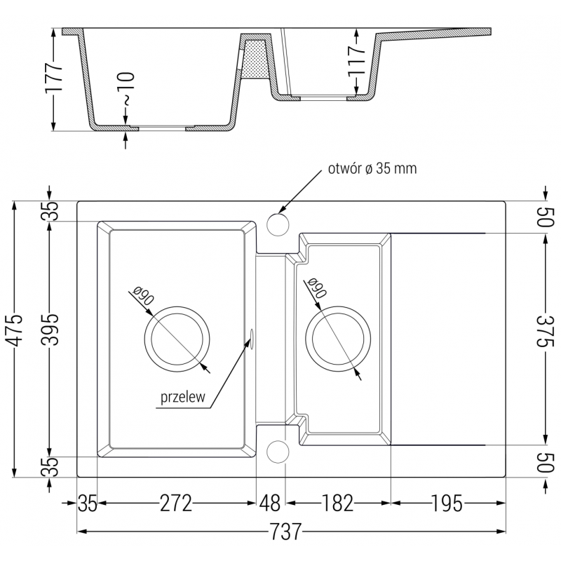 Mexen Gaspar granite sink 1.5-bowl with drainer and Telma kitchen faucet, speckled black - 6507-76-670200-00