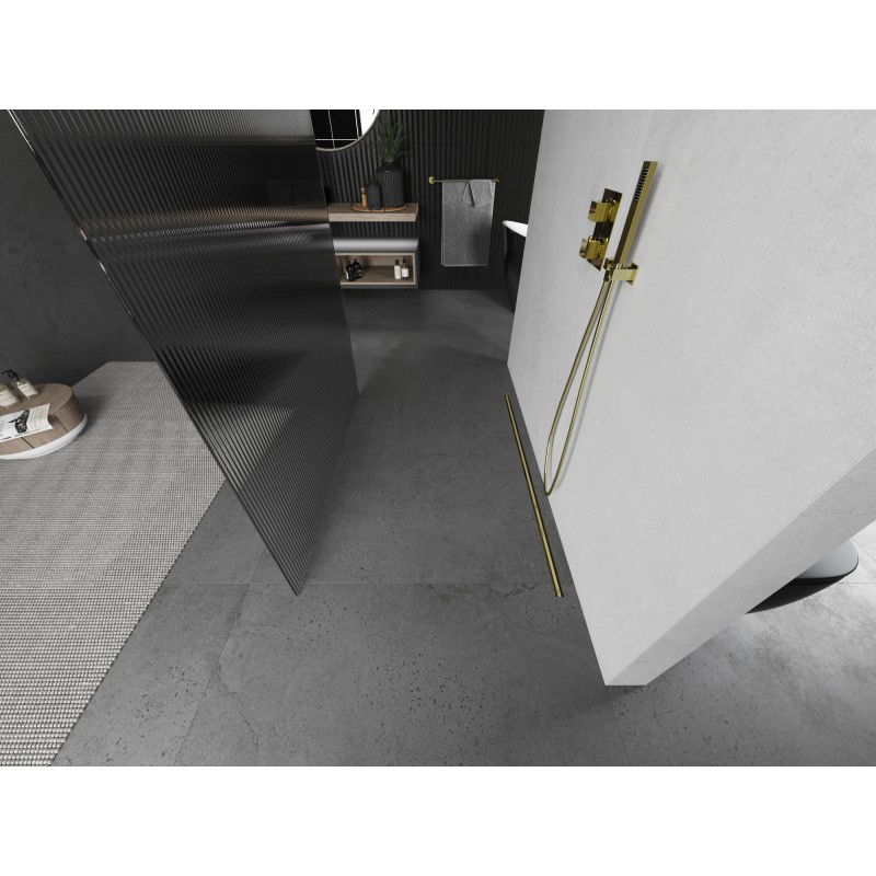 Mexen Kioto freestanding shower wall 130 x 200 cm, stripes 8 mm, brushed gold - 800-130-002-55-09