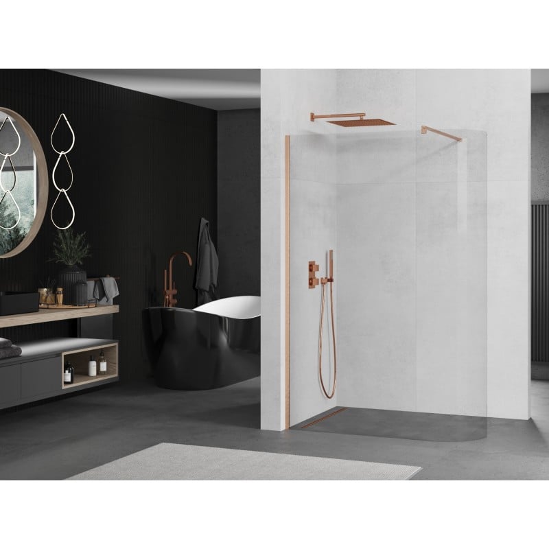 Mexen Kioto-R Rounded Walk-in Shower Wall 130 x 200 cm, 8 mm Transparent, Brushed Copper - 800-130-101-65-06
