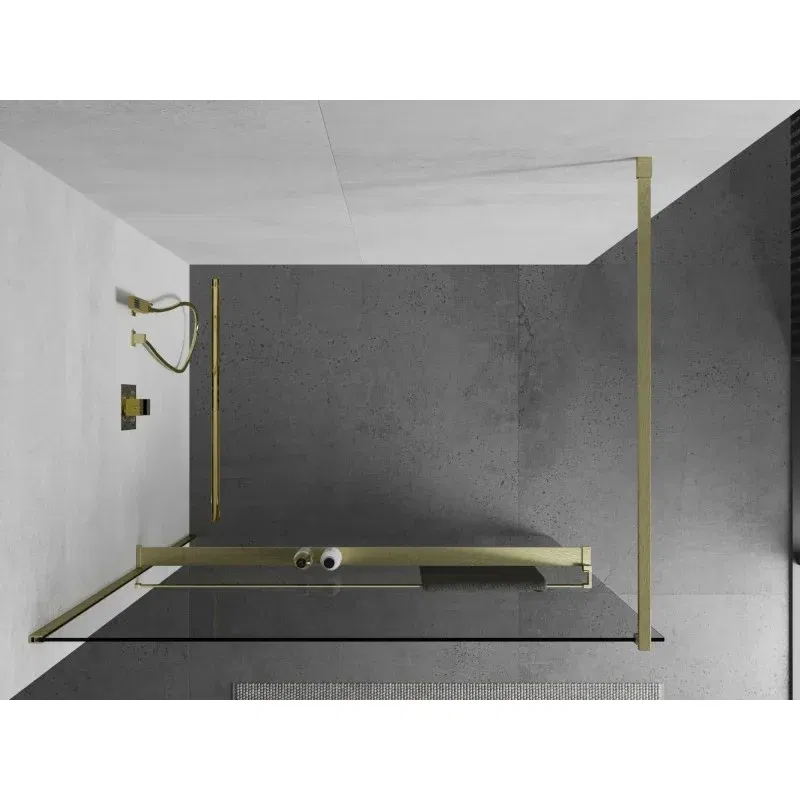 Mexen Kioto+ Walk-in Shower Screen with Shelf 85 x 200 cm, Transparent, Brushed Gold - 800-085-121-55-00