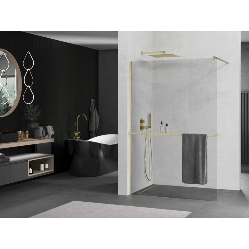 Mexen Kioto+ Walk-in Shower Wall with Shelf 140 x 200 cm, Transparent, Brushed Gold - 800-140-121-55-00
