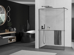 Mexen Kioto+ shower wall with Walk-in shelf 70 x 200 cm, black frame, gun metal - 800-070-121-95-70