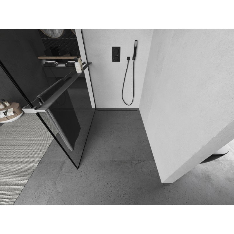 Mexen Kioto+ shower wall with Walk-in shelf 140 x 200 cm, black frame, gun metal - 800-140-121-95-70