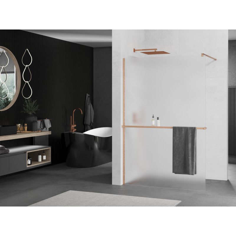 Mexen Kioto+ Shower Wall with Shelf Walk-in 140 x 200 cm, Frosted, Brushed Copper - 800-140-121-65-30