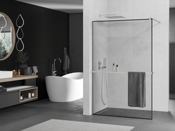 Mexen Kioto+ shower wall with Walk-in shelf 140 x 200 cm, black frame, brushed nickel - 800-140-121-97-70