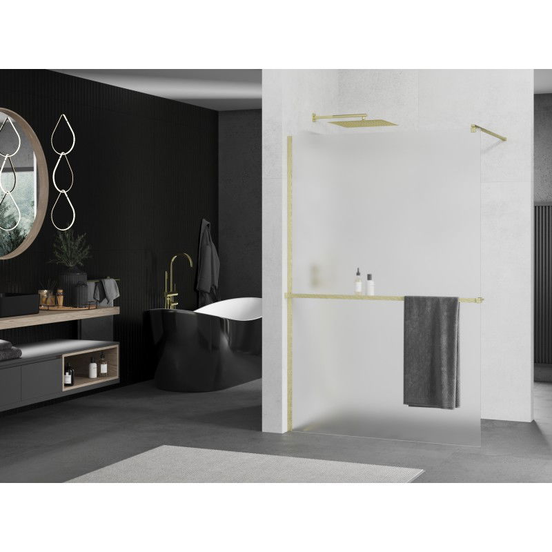 Mexen Kioto+ shower wall with Walk-in shelf 100 x 200 cm, frosted, brushed gold - 800-100-121-55-30