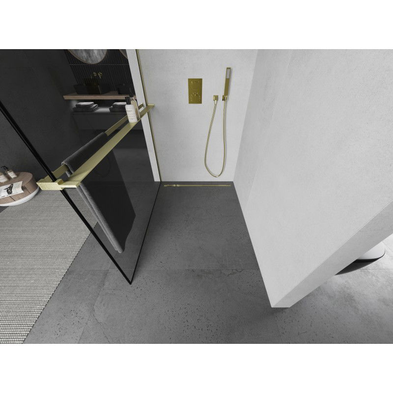 Mexen Kioto+ shower wall with shelf Walk-in 100 x 200 cm, black frame, brushed gold - 800-100-121-55-70