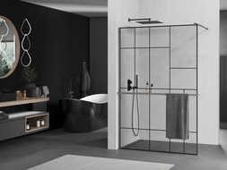 Mexen Kioto+ shower wall with Walk-in shelf 120 x 200 cm, black pattern, brushed gun gray - 800-120-121-66-78