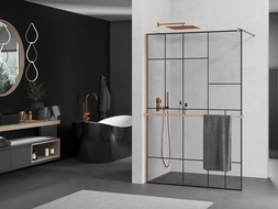 Mexen Kioto+ shower wall with shelf Walk-in 80 x 200 cm, black pattern, brushed copper - 800-080-121-65-78