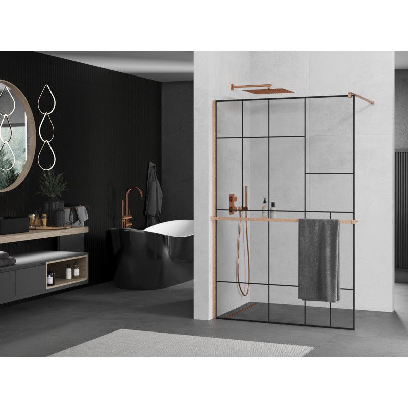 Mexen Kioto+ shower screen with Walk-in shelf 120 x 200 cm, black pattern, brushed copper - 800-120-121-65-78