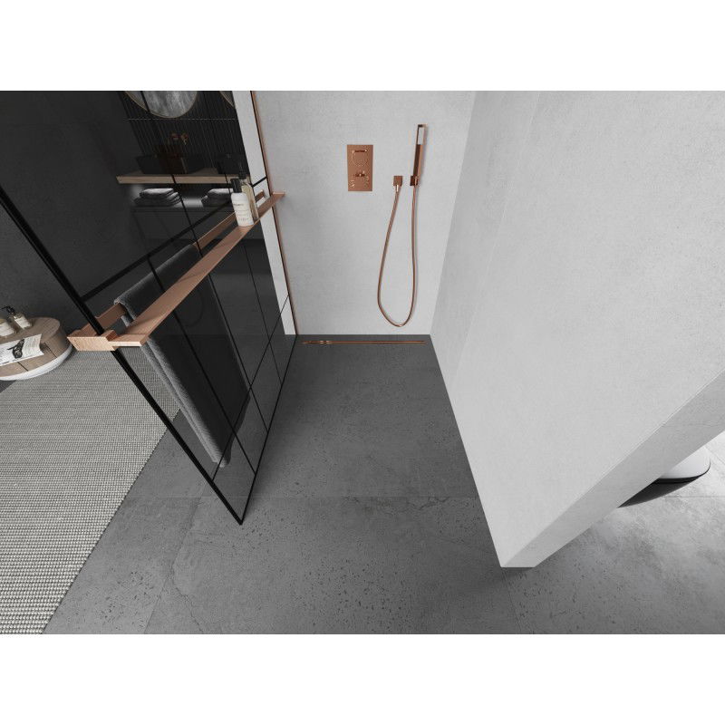 Mexen Kioto+ shower screen with shelf Walk-in 140 x 200 cm, black pattern, brushed copper - 800-140-121-65-78