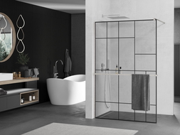 Mexen Kioto+ shower wall with shelf Walk-in 110 x 200 cm, black pattern, brushed nickel - 800-110-121-97-78
