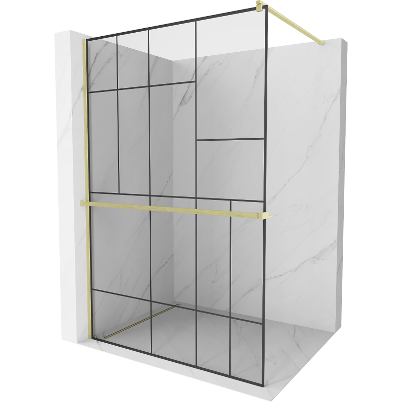 Mexen Kioto+ Walk-in Shower Panel with Shelf 100 x 200 cm, Black Pattern, Brushed Gold - 800-100-121-55-78