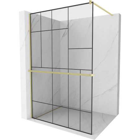 Mexen Kioto+ Walk-in Shower Panel with Shelf 100 x 200 cm, Black Pattern, Brushed Gold - 800-100-121-55-78