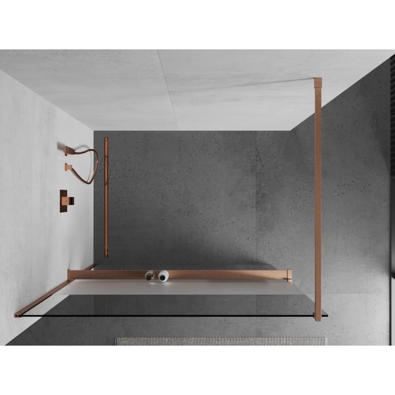 Mexen Kioto+ 140 x 200 cm Walk-in Shower Wall with Shelf, Transparent/Frosted, Brushed Copper - 800-140-121-65-35