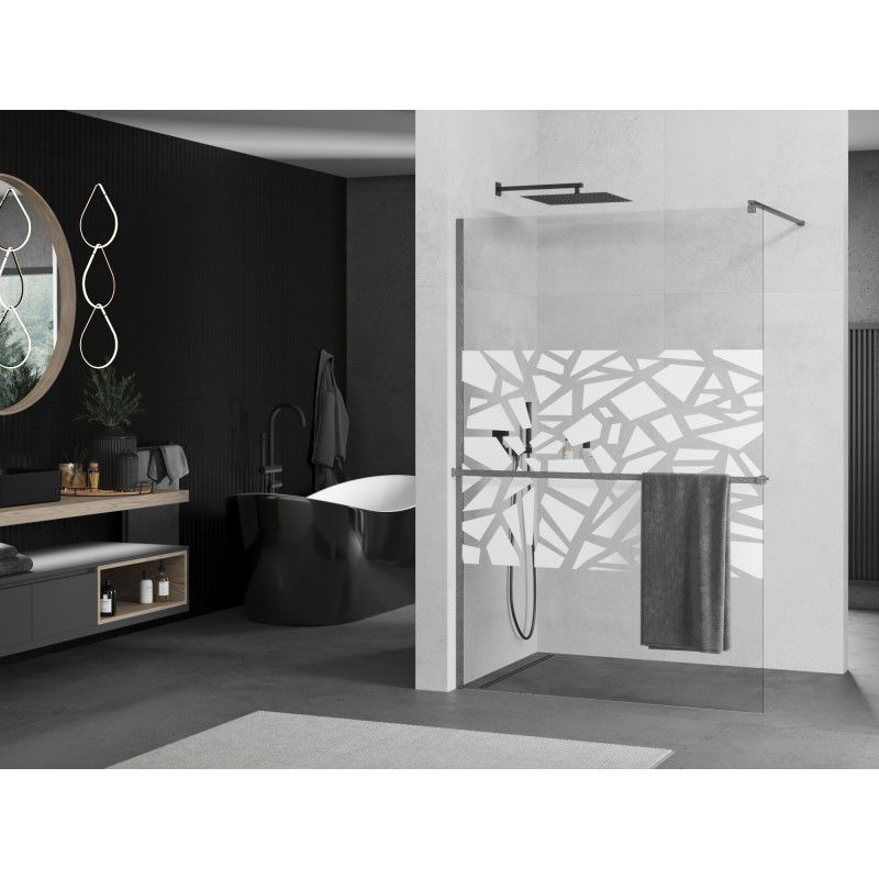 Mexen Kioto+ shower wall with Walk-in shelf 140 x 200 cm, white pattern, gun gray brushed - 800-140-121-66-85