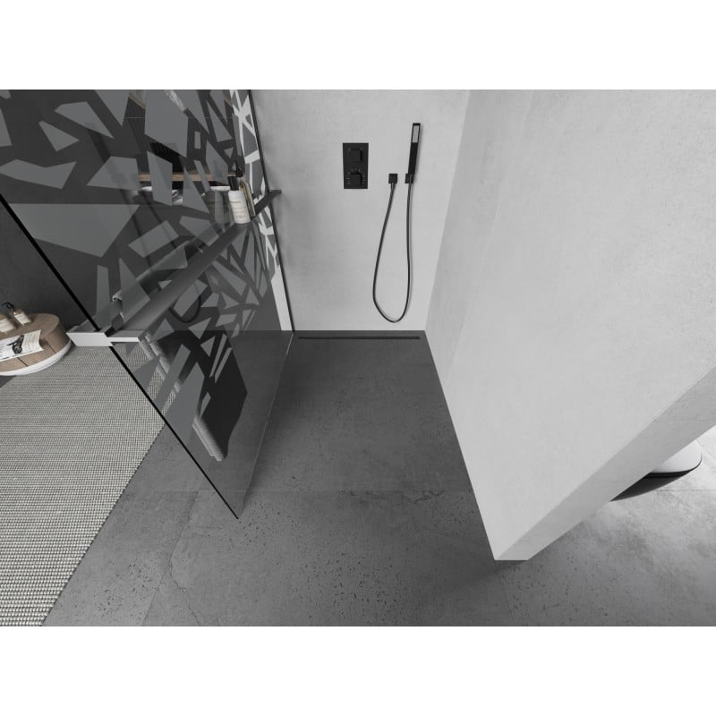 Mexen Kioto+ shower wall with shelf Walk-in 100 x 200 cm, white pattern, gun metal - 800-100-121-95-85