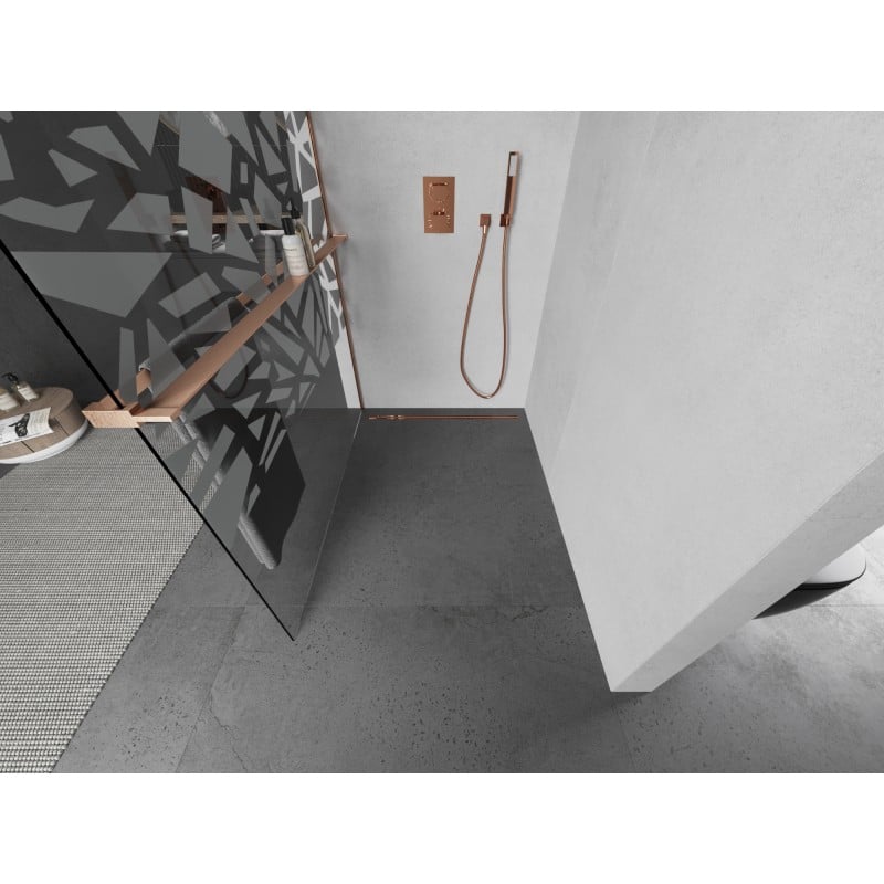 Mexen Kioto+ shower wall with shelf Walk-in 100 x 200 cm, white pattern, brushed copper - 800-100-121-65-85