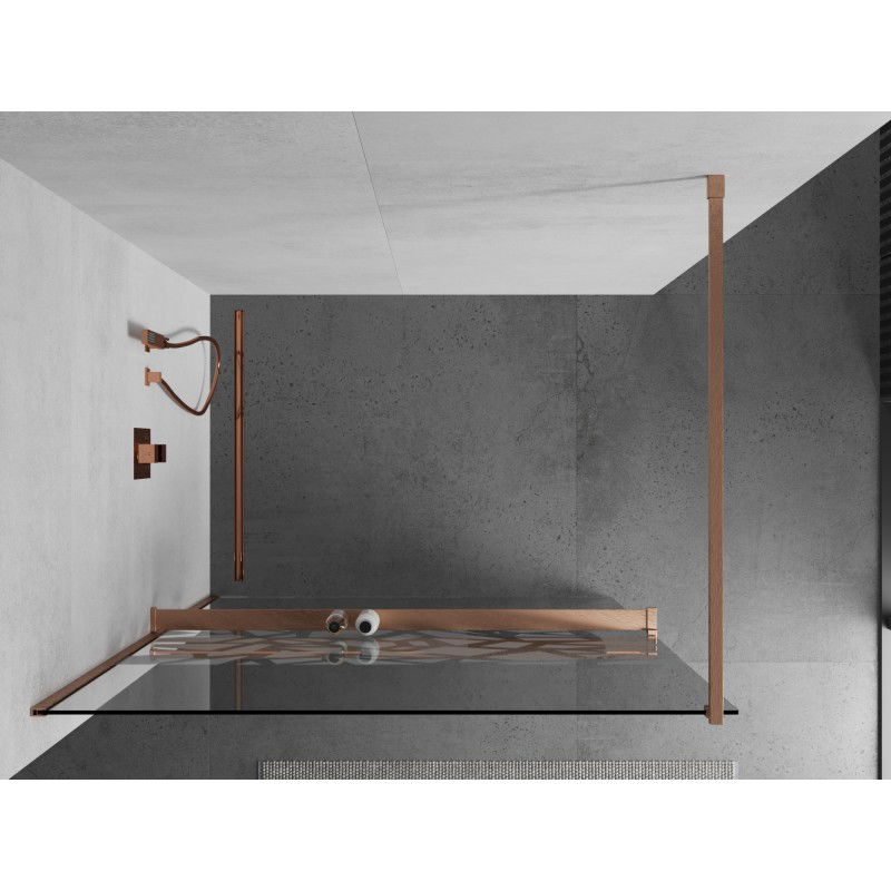 Mexen Kioto+ shower wall with shelf Walk-in 130 x 200 cm, white pattern, brushed copper - 800-130-121-65-85