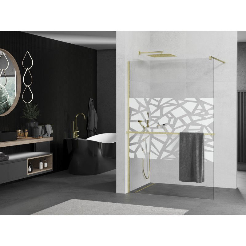 Mexen Kioto+ shower wall with shelf Walk-in 130 x 200 cm, white pattern, brushed gold - 800-130-121-55-85