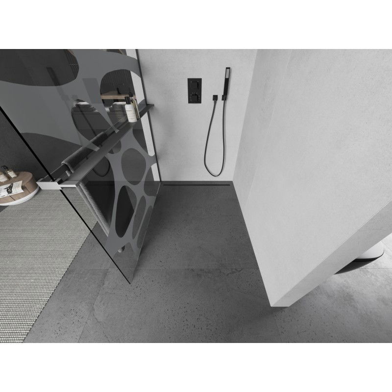 Mexen Kioto+ shower wall with shelf Walk-in 90 x 200 cm, white wave, gun metal - 800-090-121-95-97