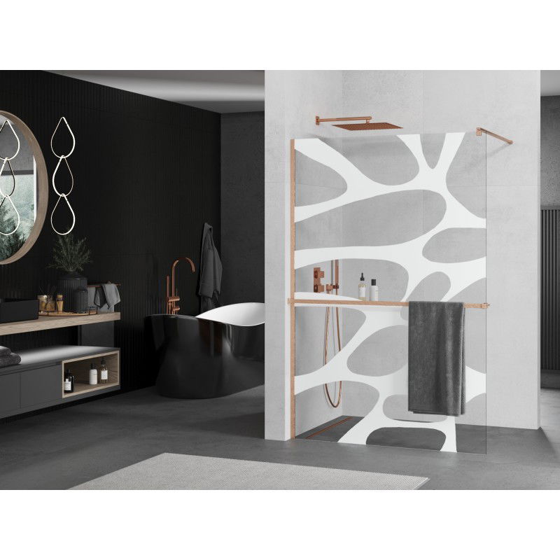 Mexen Kioto+ shower wall with shelf Walk-in 110 x 200 cm, white wave, brushed copper - 800-110-121-65-97