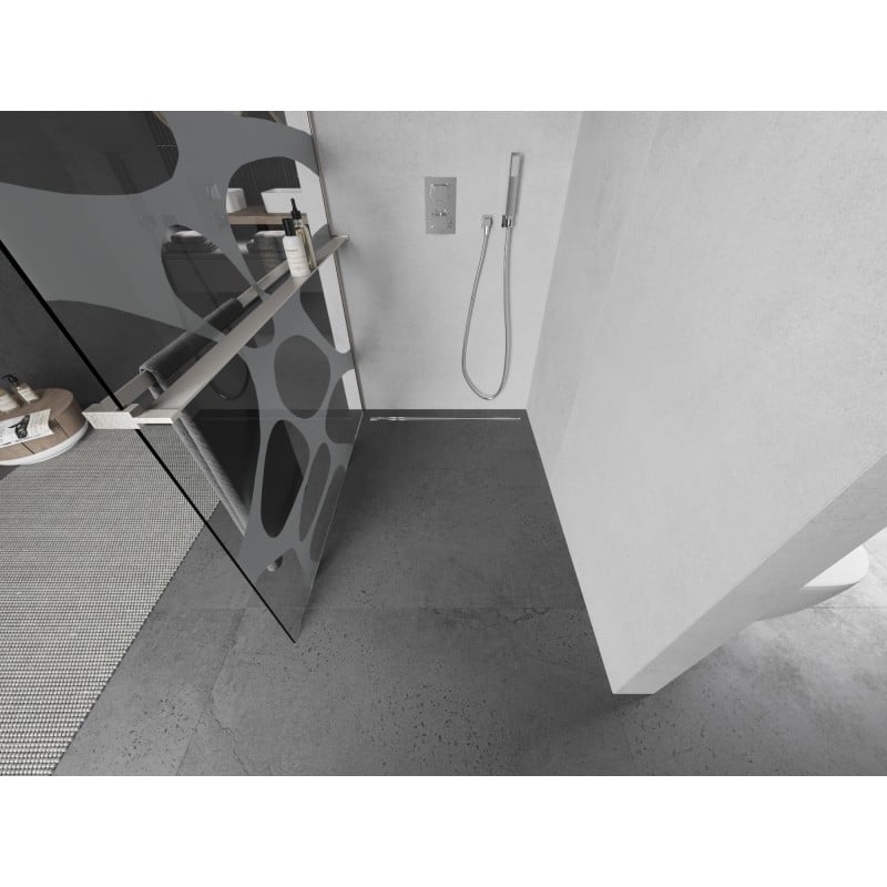 Mexen Kioto+ shower wall with Walk-in shelf 140 x 200 cm, white wave, brushed nickel - 800-140-121-97-97