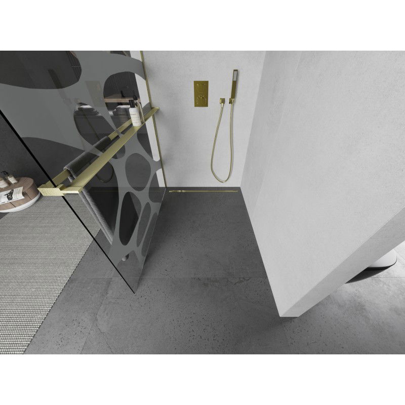 Mexen Kioto+ shower wall with shelf Walk-in 120 x 200 cm, white wave, brushed gold - 800-120-121-55-97