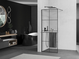 Mexen Kioto+ shower wall with shelf Walk-in 70 x 200 cm, black grid, gun gray brushed - 800-070-121-66-77