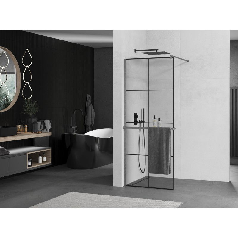 Mexen Kioto+ shower wall with shelf Walk-in 90 x 200 cm, black grid, gun gray brushed - 800-090-121-66-77