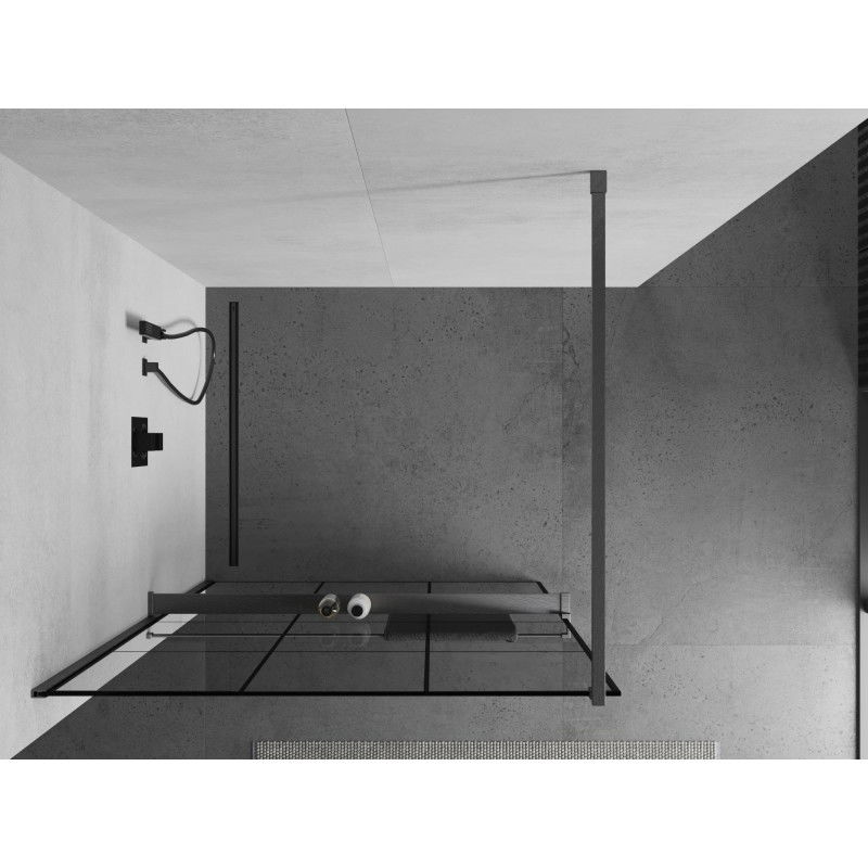 Mexen Kioto+ shower wall with shelf Walk-in 120 x 200 cm, black grid, brushed gun gray - 800-120-121-66-77