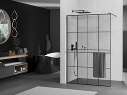 Mexen Kioto+ shower wall with shelf Walk-in 140 x 200 cm, black grid, gun gray brushed - 800-140-121-66-77