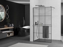 Mexen Kioto+ Walk-in Shower Wall with Shelf 120 x 200 cm, Black Grid, Gun Metal - 800-120-121-95-77