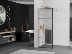Mexen Kioto+ shower screen with shelf Walk-in 90 x 200 cm, black grid, brushed copper - 800-090-121-65-77