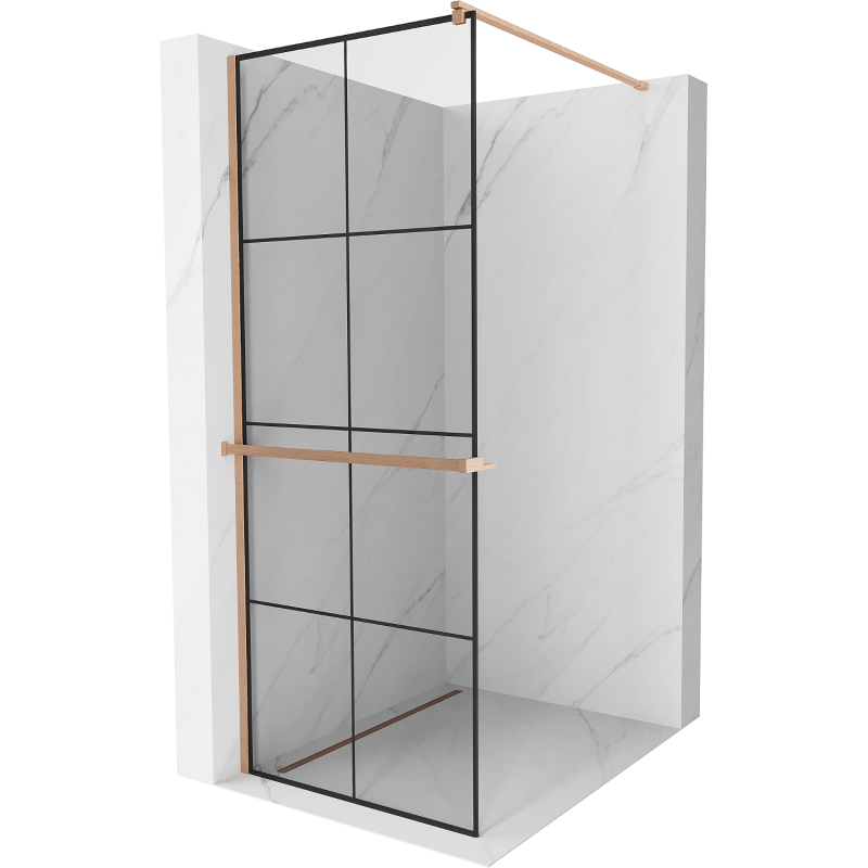 Mexen Kioto+ shower wall with shelf Walk-in 80 x 200 cm, black grid, brushed copper - 800-080-121-65-77