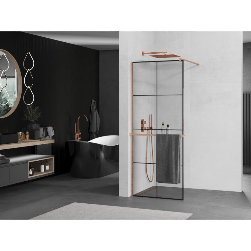 Mexen Kioto+ shower wall with shelf Walk-in 80 x 200 cm, black grid, brushed copper - 800-080-121-65-77