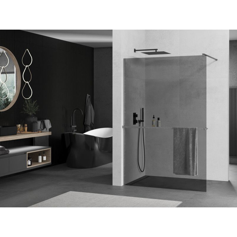 Mexen Kioto+ shower screen with shelf Walk-in 100 x 200 cm, graphite, brushed gun gray - 800-100-121-66-40