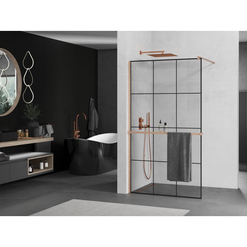 Mexen Kioto+ shower screen with shelf Walk-in 120 x 200 cm, black grid, brushed copper - 800-120-121-65-77