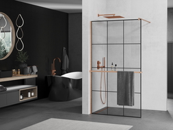 Mexen Kioto+ shower screen with shelf Walk-in 120 x 200 cm, black grid, brushed copper - 800-120-121-65-77