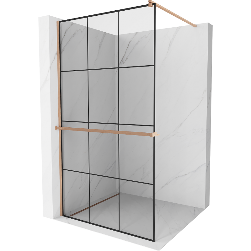 Mexen Kioto+ shower wall with shelf Walk-in 110 x 200 cm, black grid, brushed copper - 800-110-121-65-77