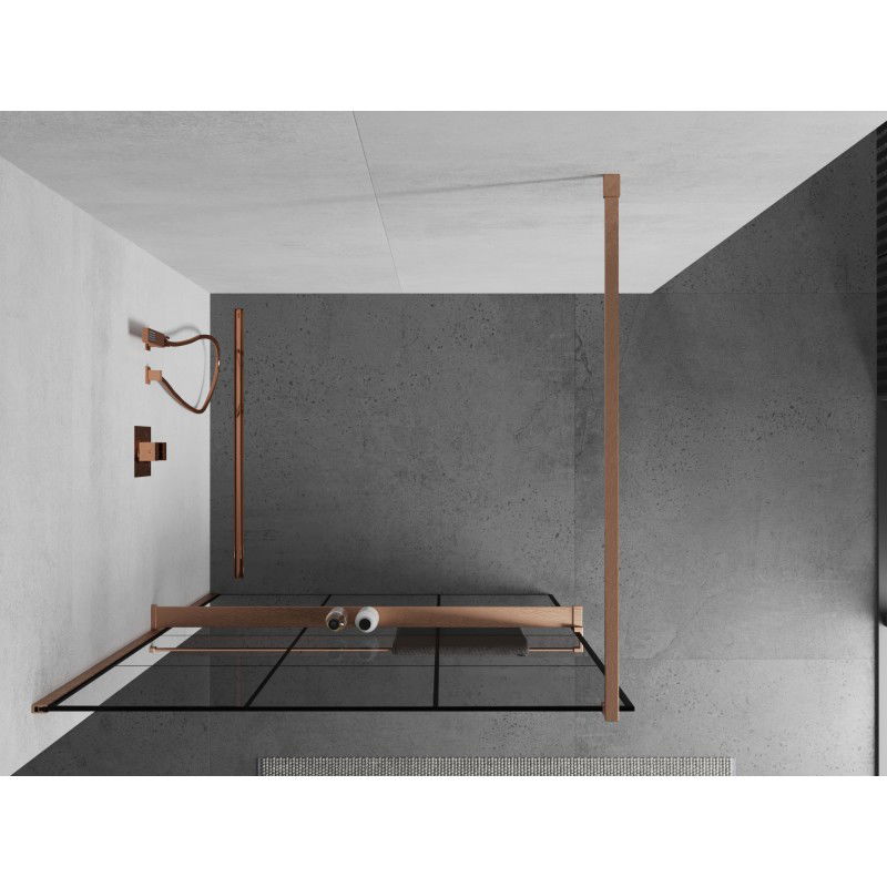 Mexen Kioto+ shower wall with shelf Walk-in 110 x 200 cm, black grid, brushed copper - 800-110-121-65-77
