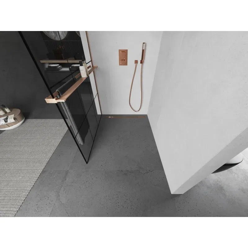 Mexen Kioto+ shower wall with shelf Walk-in 110 x 200 cm, black grid, brushed copper - 800-110-121-65-77