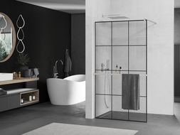 Mexen Kioto+ walk-in shower wall with shelf 100 x 200 cm, black grid, brushed nickel - 800-100-121-97-77