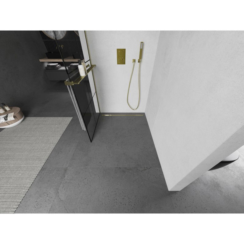 Mexen Kioto+ shower wall with shelf Walk-in 70 x 200 cm, black grid, brushed gold - 800-070-121-55-77