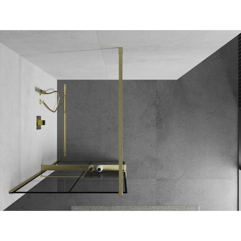 Mexen Kioto+ shower wall with shelf Walk-in 80 x 200 cm, black grid, brushed gold - 800-080-121-55-77