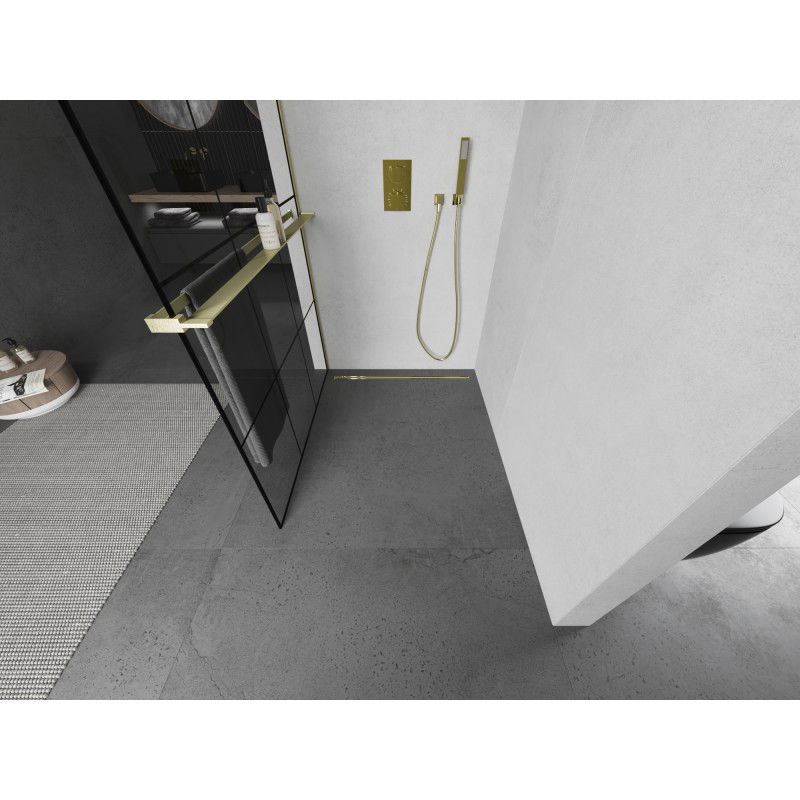 Mexen Kioto+ shower wall with shelf Walk-in 120 x 200 cm, black grid, gold brushed - 800-120-121-55-77