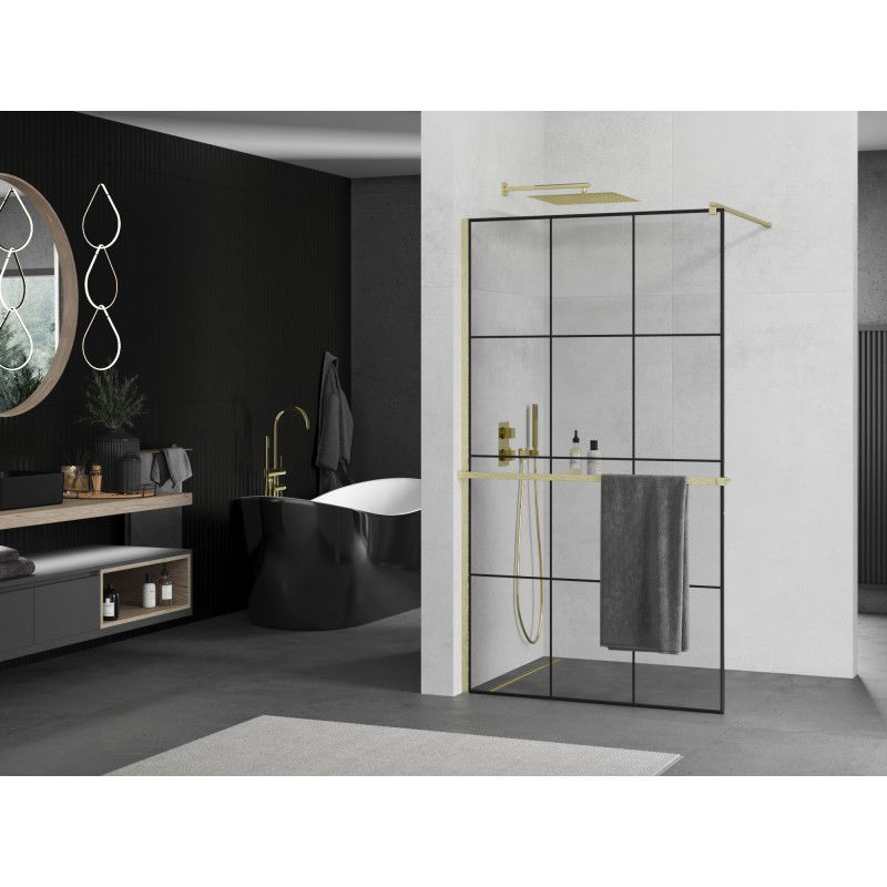 Mexen Kioto+ shower wall with shelf Walk-in 120 x 200 cm, black grid, gold brushed - 800-120-121-55-77