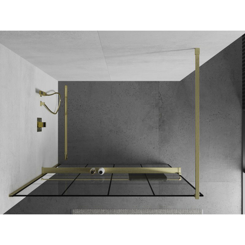 Mexen Kioto+ shower wall with shelf Walk-in 140 x 200 cm, black grid, brushed gold - 800-140-121-55-77