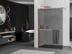 Mexen Kioto+ shower screen with Walk-in shelf 70 x 200 cm, graphite, brushed copper - 800-070-121-65-40