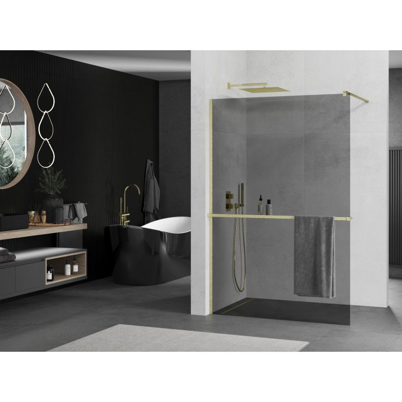 Mexen Kioto+ Walk-in Shower Wall with Shelf 120 x 200 cm, Graphite, Brushed Gold - 800-120-121-55-40